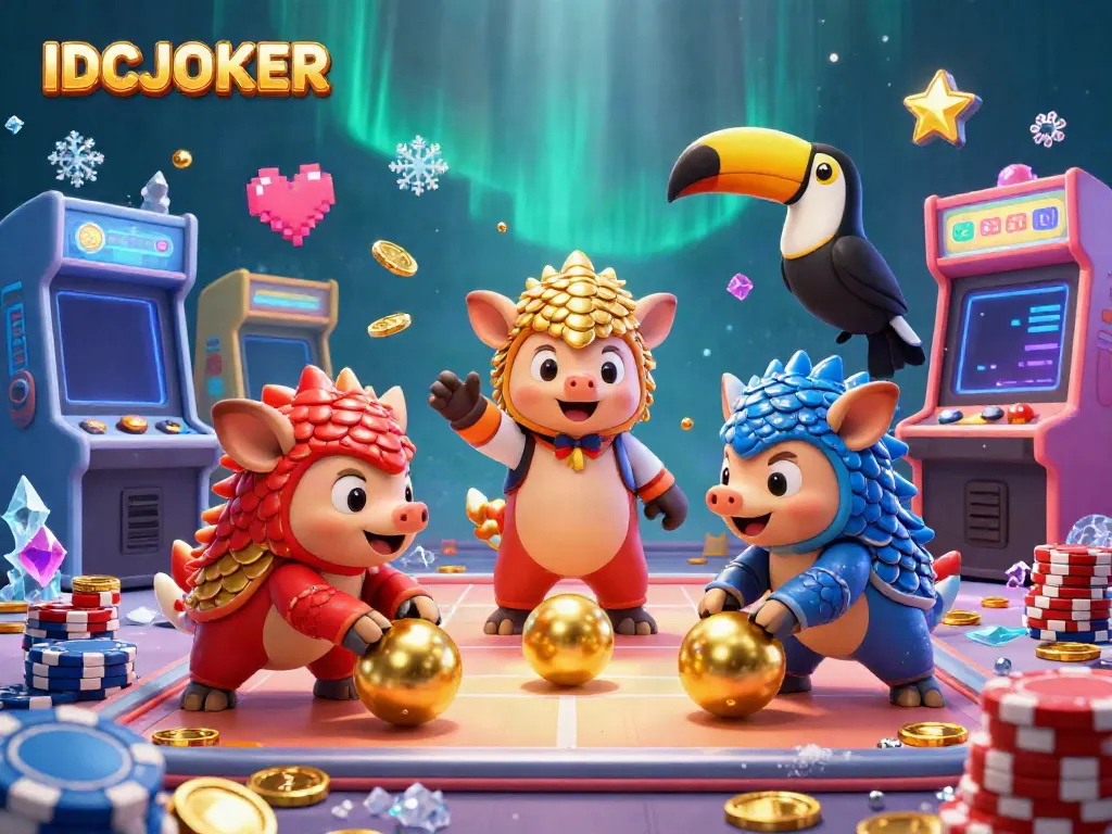 Watch the thrilling gameplay action at IDCJOKER with colorful pangolins, poker chips, and festive confetti.