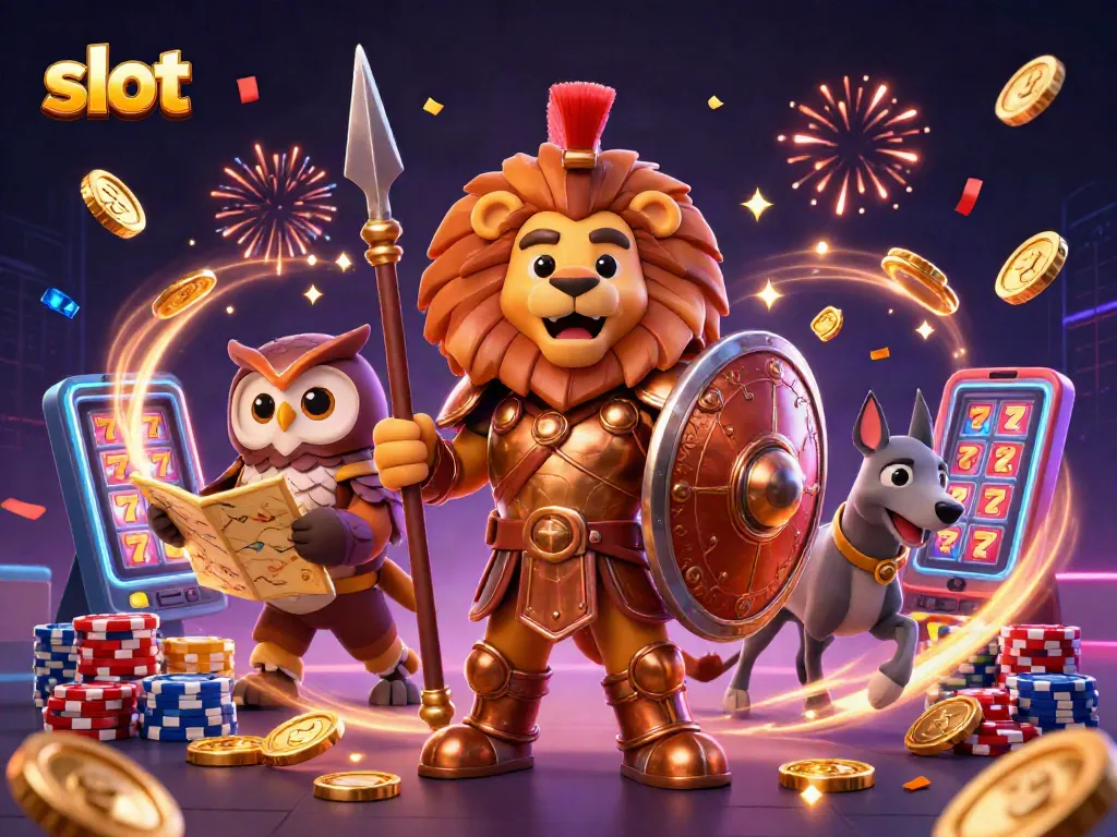 Slot yang menang dengan mesin slot berputar, koin emas berhamburan, dan harta permainan berkilau.