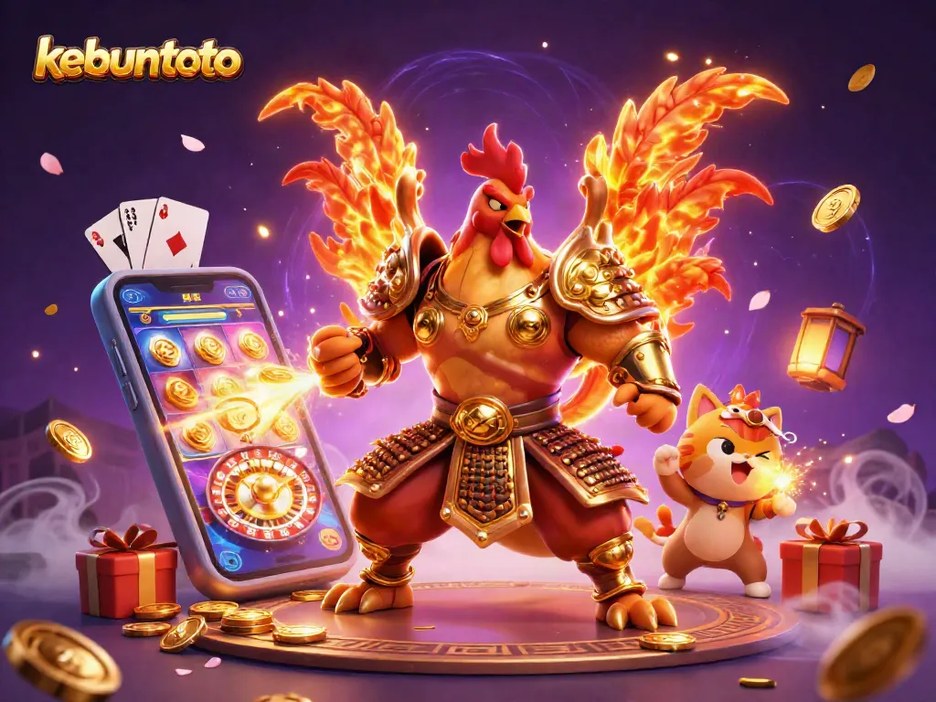 KEBUNTOTO menghadirkan ilustrasi 3D menarik dengan karakter ayam petarung dan naga, dikelilingi elemen perjudian.