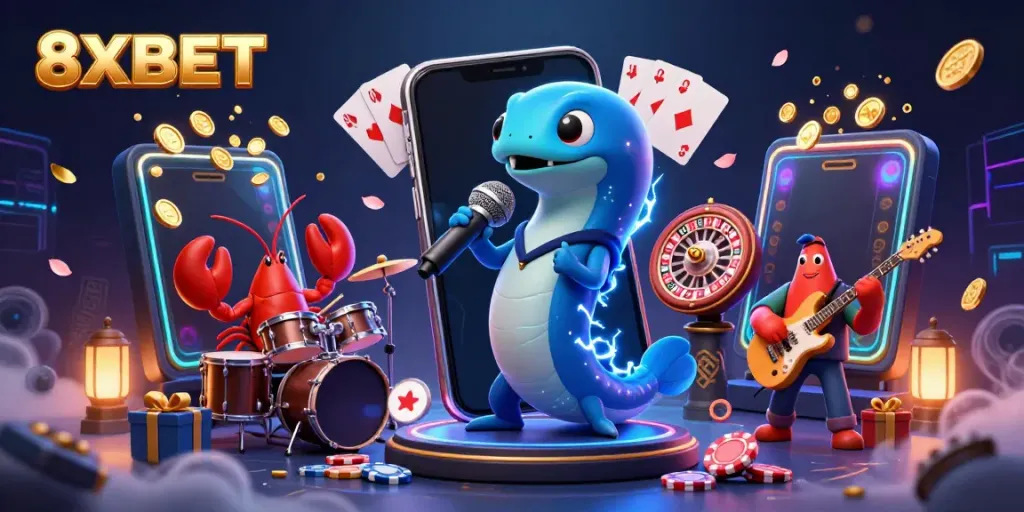 8XBET electric eel DJ performs in an underwater casino, enhancing gambling excitement.