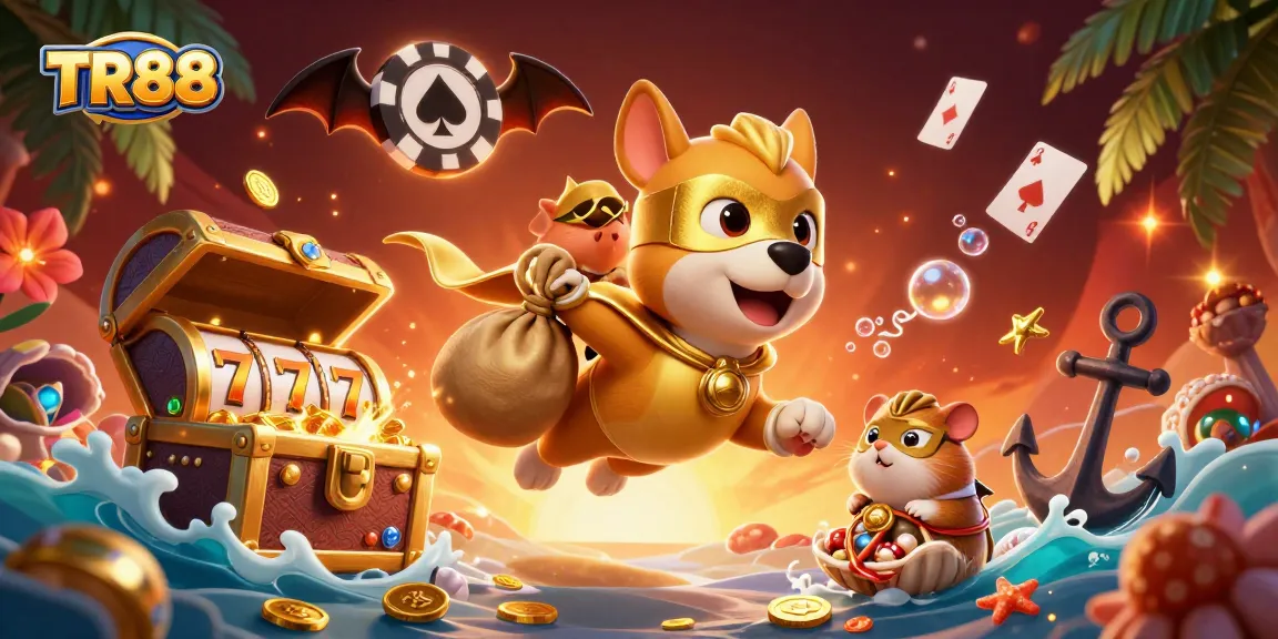 Win big with TR88's thrilling slots in this colorful 3D illustration full of excitement.