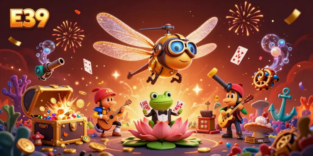 Experience thrilling gaming at E39 with captivating 3D characters and vibrant casino visuals.