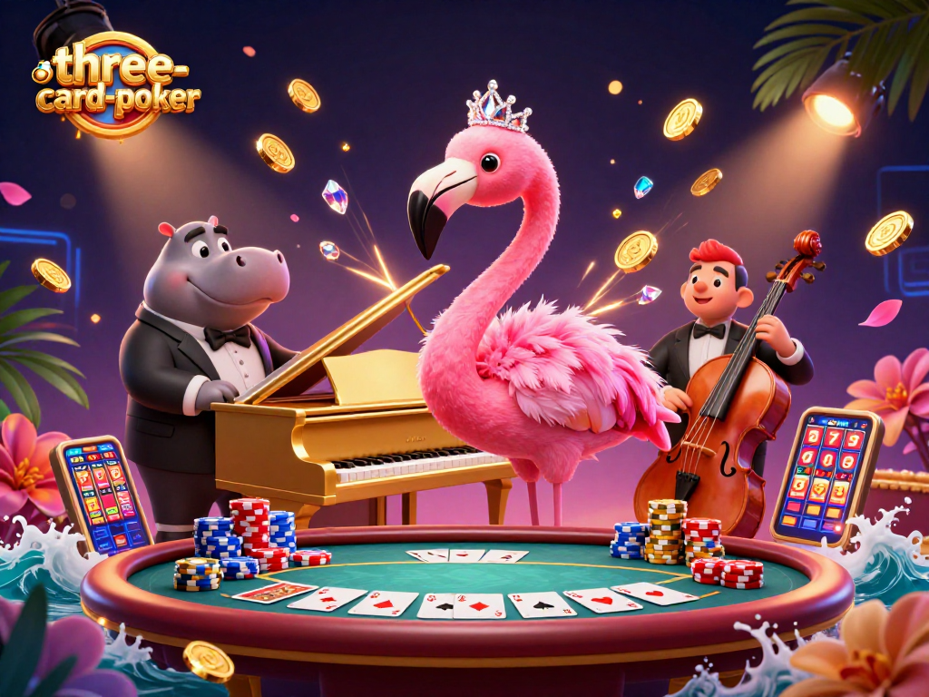 Play three-card-poker with excitement as flamingo and hippo shine in a casino vibe.