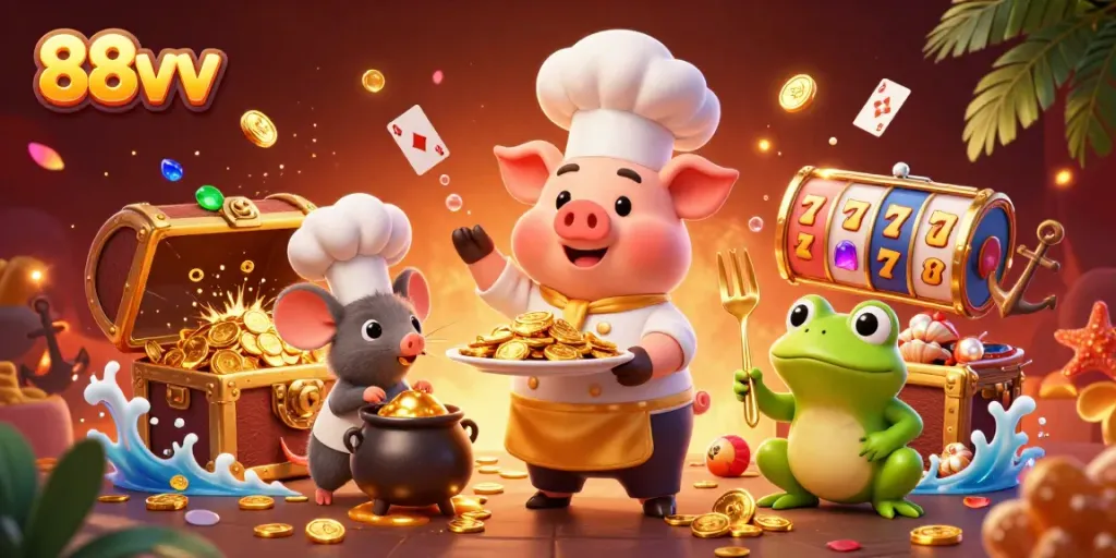 Experience thrilling wins at 88vv with gourmet gold coins and vibrant casino action in a whimsical scene.