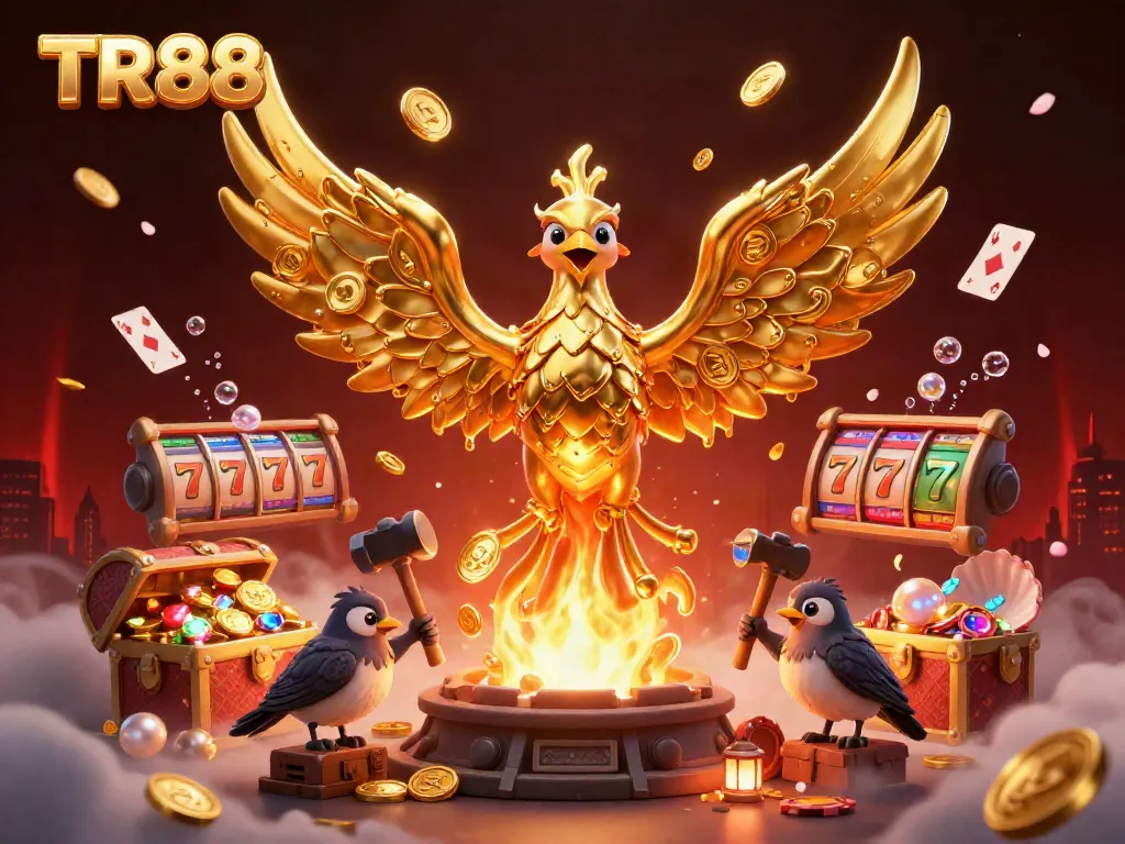 Experience the thrilling world of TR88 casino with a molten golden phoenix and vibrant game elements.