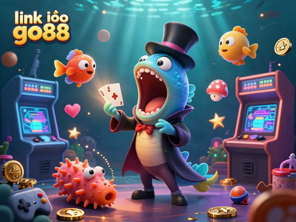 Engage with link vào go88, a vibrant scene of gaming magic featuring unique underwater characters and casino elements.