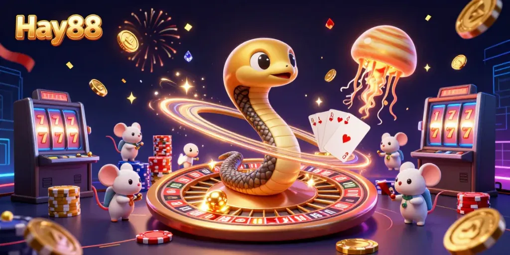 Experience exhilarating wins with Hay88 at this imaginative casino-themed scene, featuring cosmic characters.