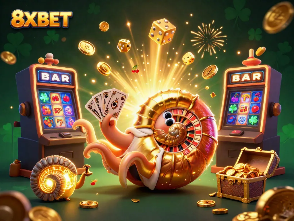 Experience the thrilling excitement of 8XBET with a dynamic 3D casino scene featuring vibrant games, jackpots, and rich visuals.