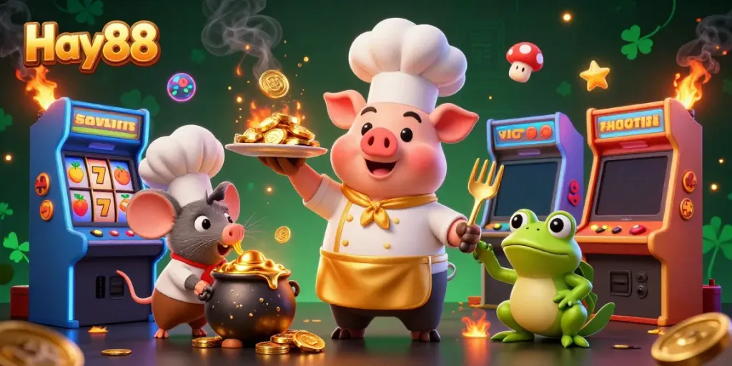 Experience the excitement of Hay88 with a pig chef presenting gold coins in a vibrant casino scene.