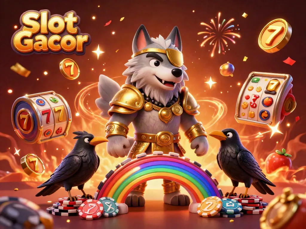 Engage in Slot Gacor gaming magic with Odin and ravens, set against vibrant casino elements.
