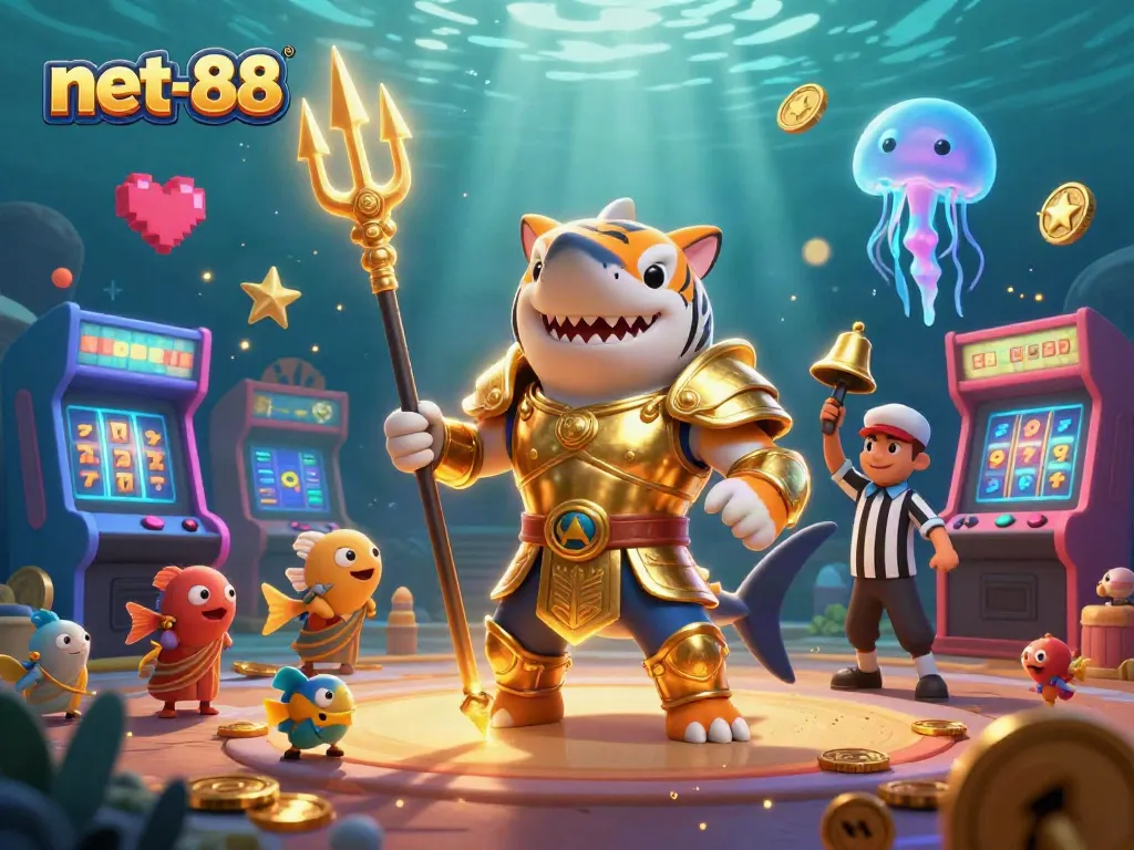 Experience the thrilling underwater world of net-88, where a golden gladiator shark battles for riches with dynamic gaming elements.