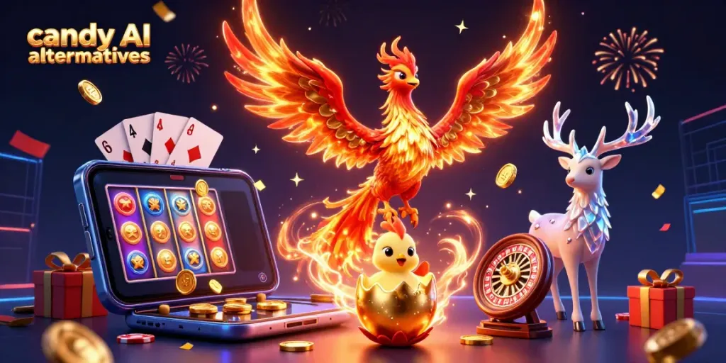 Engage in vibrant cartoon magic with candy AI alternatives featuring a phoenix and casino elements.