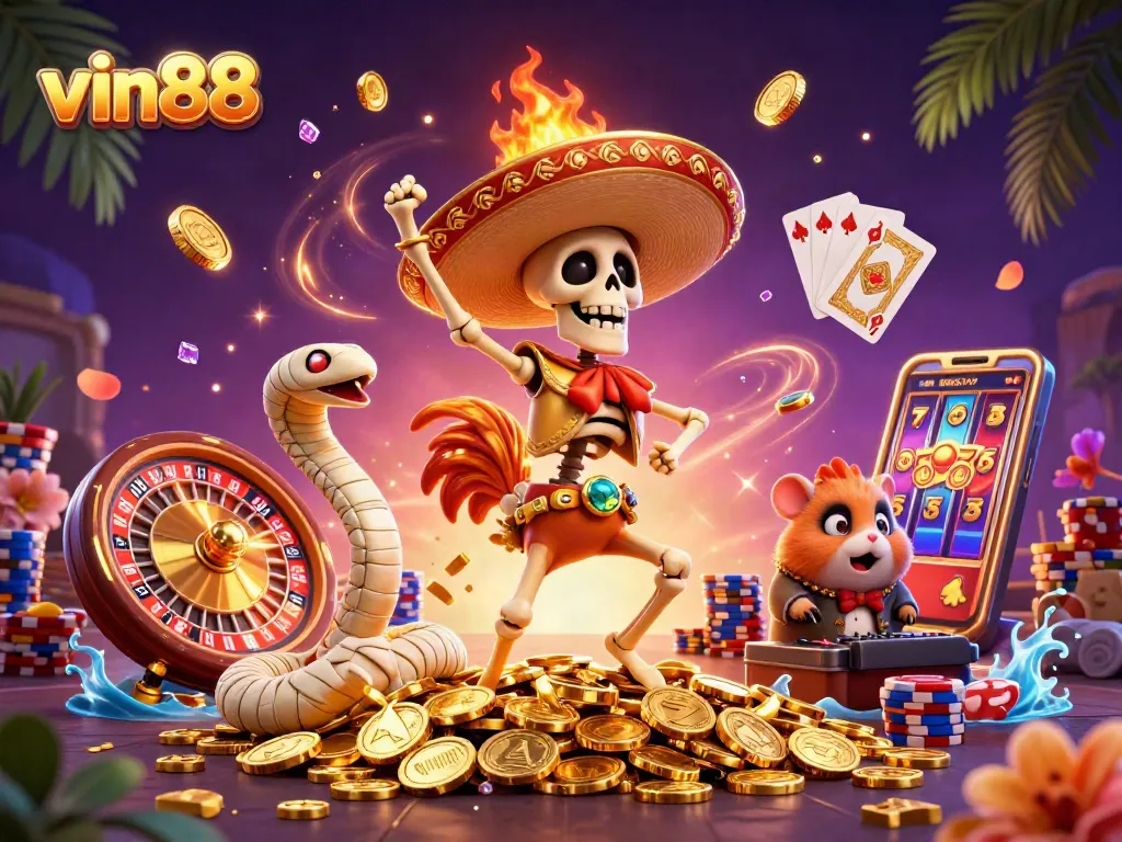 Experience thrilling wins at vin88 with a joyfully animated scene of casino characters and vibrant game elements.