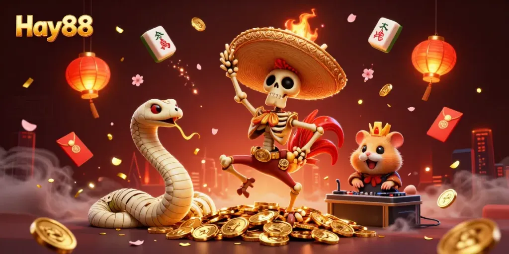 Hay88 showcases a vibrant casino celebration with a 3D skeleton mariachi rooster, mummy snake, and hamster DJ on gold coins.