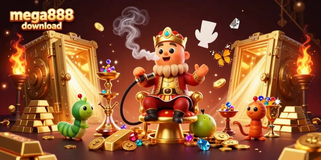 Experience mega888 download with a captivating scene of a whimsical caterpillar master and vibrant treasures.
