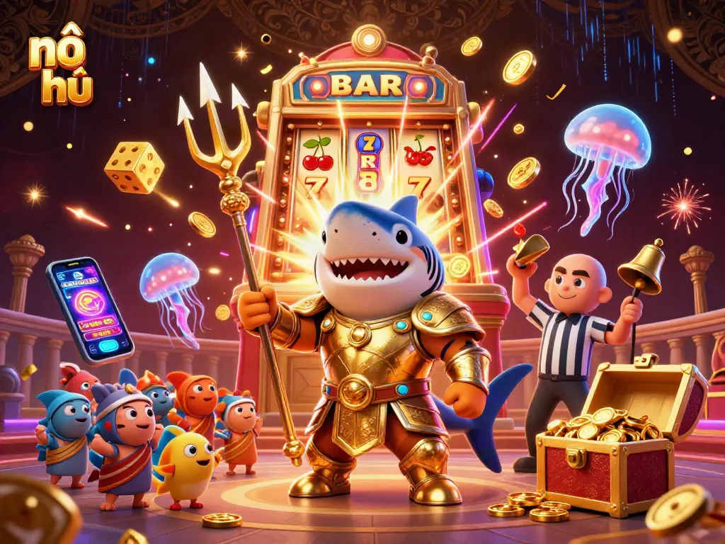 Spin nổ hũ for jackpots with a golden tiger shark in a vibrant casino scene.