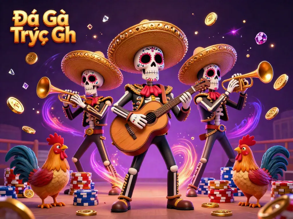 Experience Đá Gà Trực Tiếp with this energetic illustration showcasing a vibrant mariachi band amidst exciting cockfighting elements.