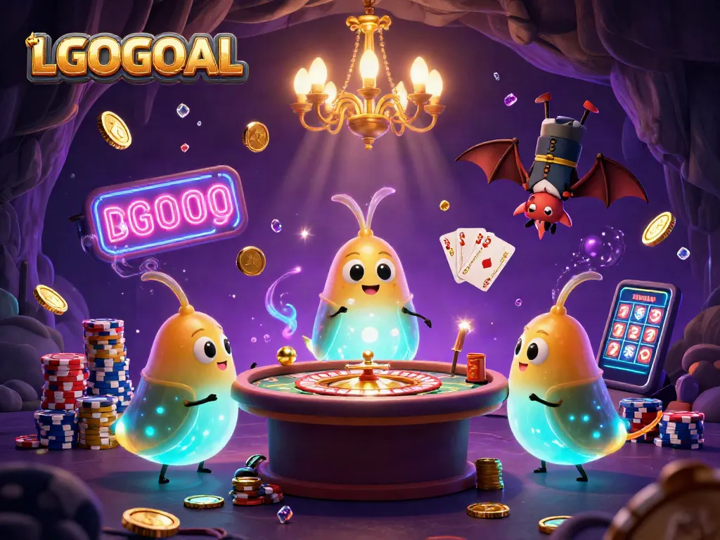Experience LGOGOAL's vibrant cave casino with bioluminescent glowworms, golden coins, and thrilling gaming elements.