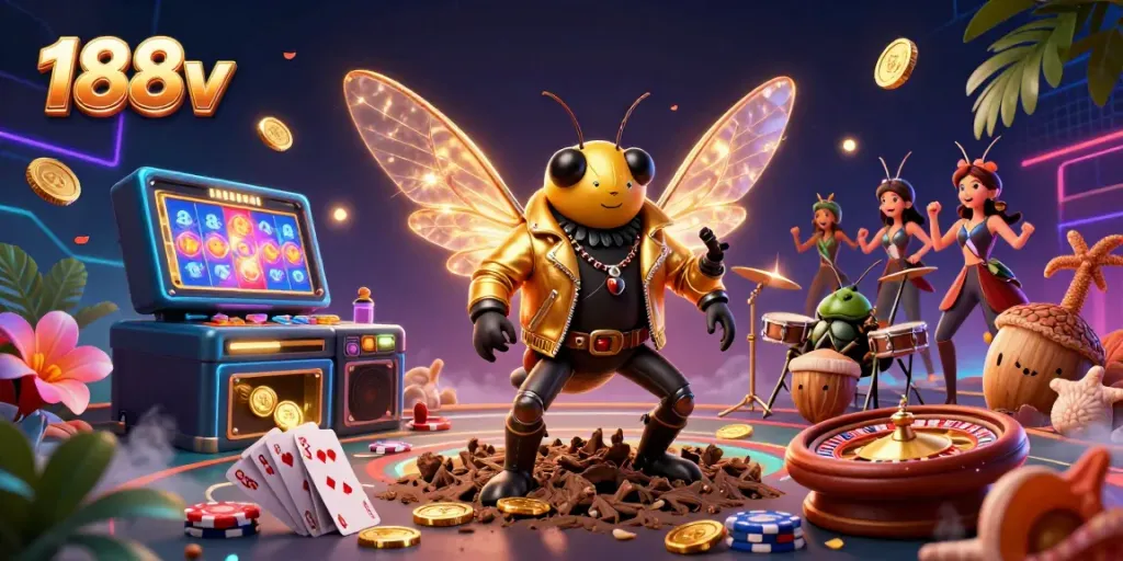 Engage in thrilling gameplay with 188v as a rock star cicada joins a vibrant casino scene filled with slot games