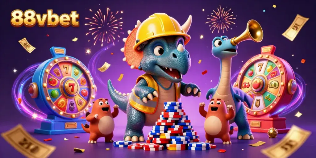 Experience the excitement of 88vbet with a triceratops building a chip pyramid surrounded by vibrant casino elements.