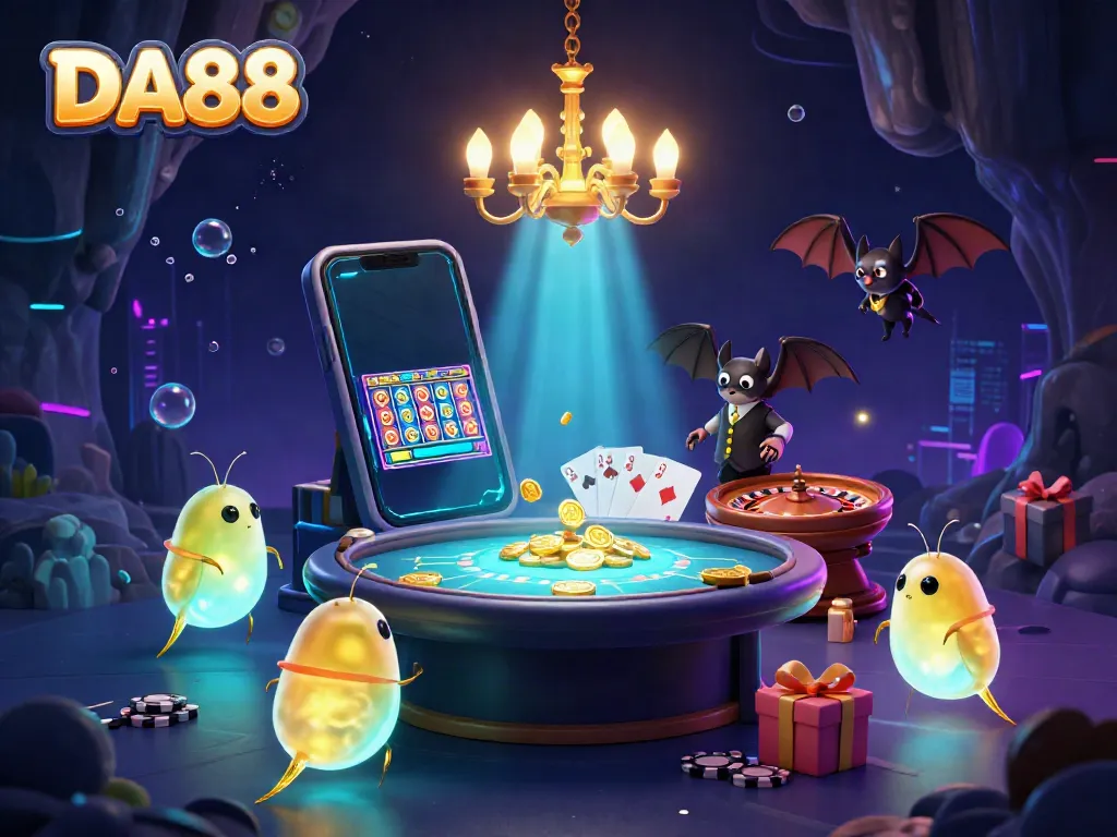Witness the enchanting cave casino lit by glowworms, featuring DA88 branding and exciting gaming elements.