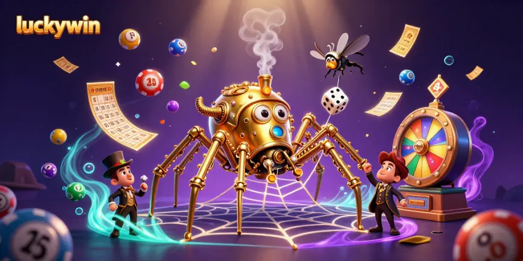 Engage in luckywin's thrilling experience with a dynamic lottery atmosphere filled with playful characters.