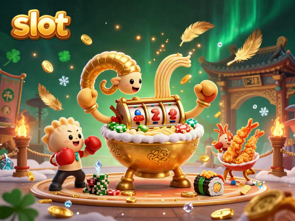 Slot bermain dengan ramen raksasa dan simbol mesin slot yang menyenangkan.