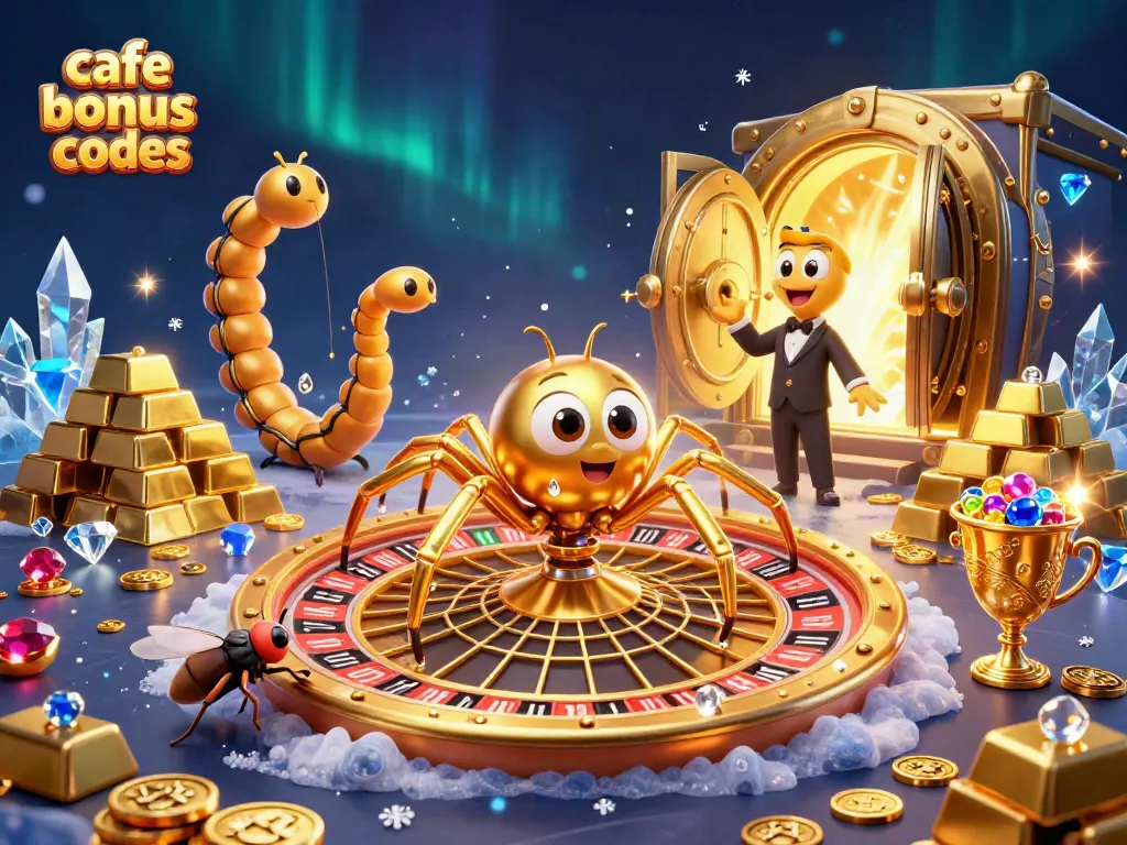 Cafe casino bonus codes showcased in an engaging 3D digital illustration of a spider croupier spinning a roulette web.