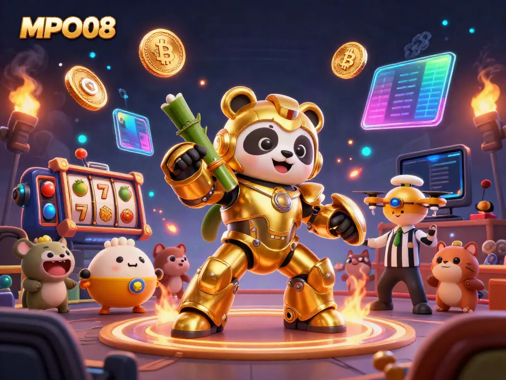Engage with MPO08 in a dynamic game scene featuring slots, character action, and colorful cryptocurrencies.