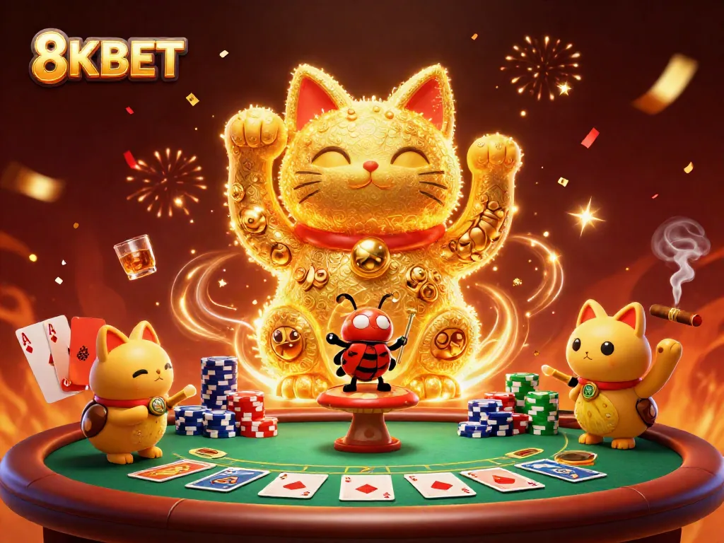 Engage with 8KBET's vibrant casino scene featuring a lucky cat and casino elements celebrating a game.