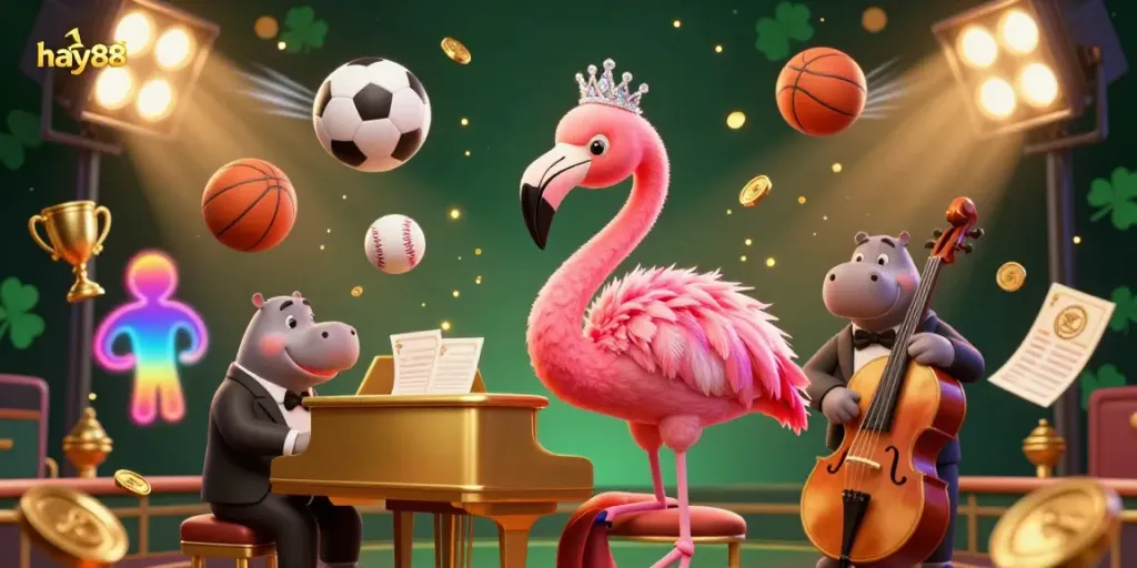 Experience the vibrant ambiance of hay88 with a lively casino scene featuring a flamingo singer and hippo bassist.