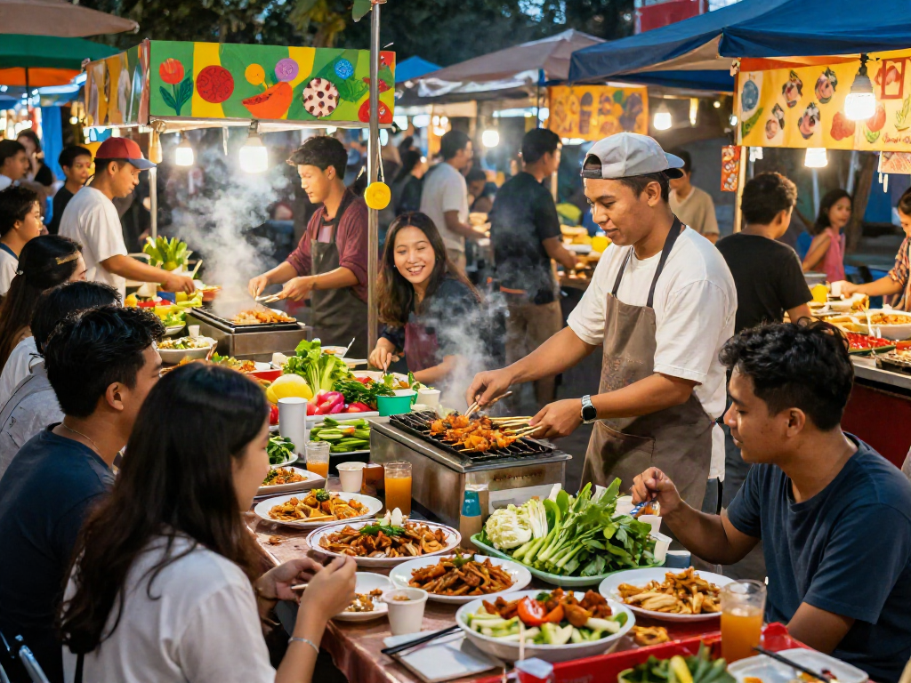 Exciting kebuntoto street food market scene with friends savoring diverse dishes.