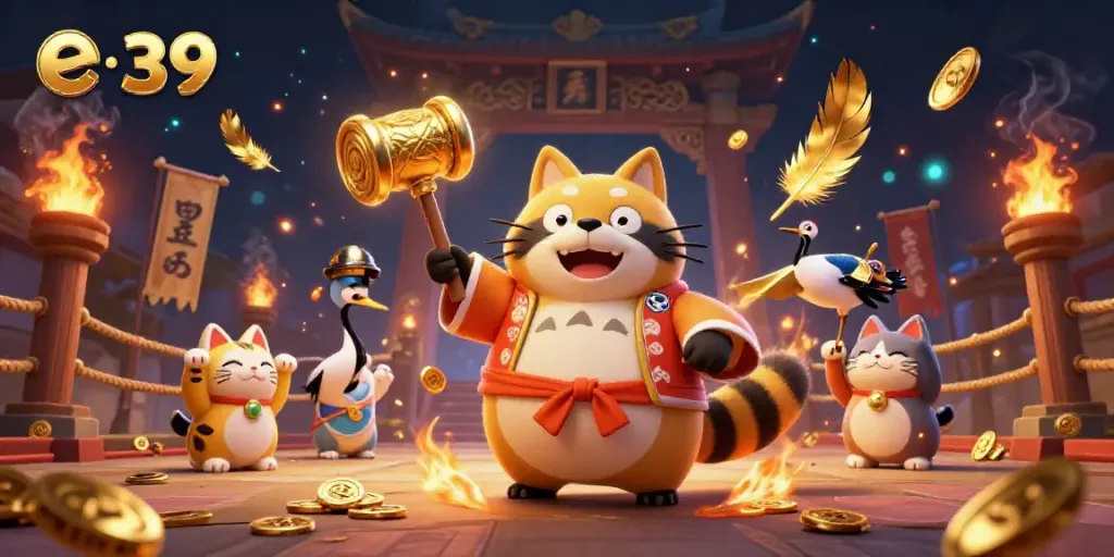 Engage with e 39 themed gaming illustration featuring raccoon dog and vibrant fortune symbols.