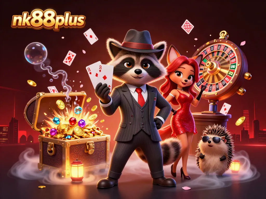 Engage in thrilling action at nk88plus with raccoon and friends at a vibrant casino.