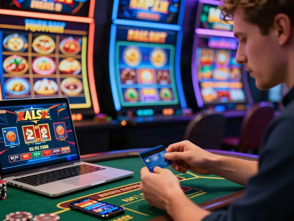 Player enjoying credit card casinos online, vibrant gaming atmosphere with stylish tech.