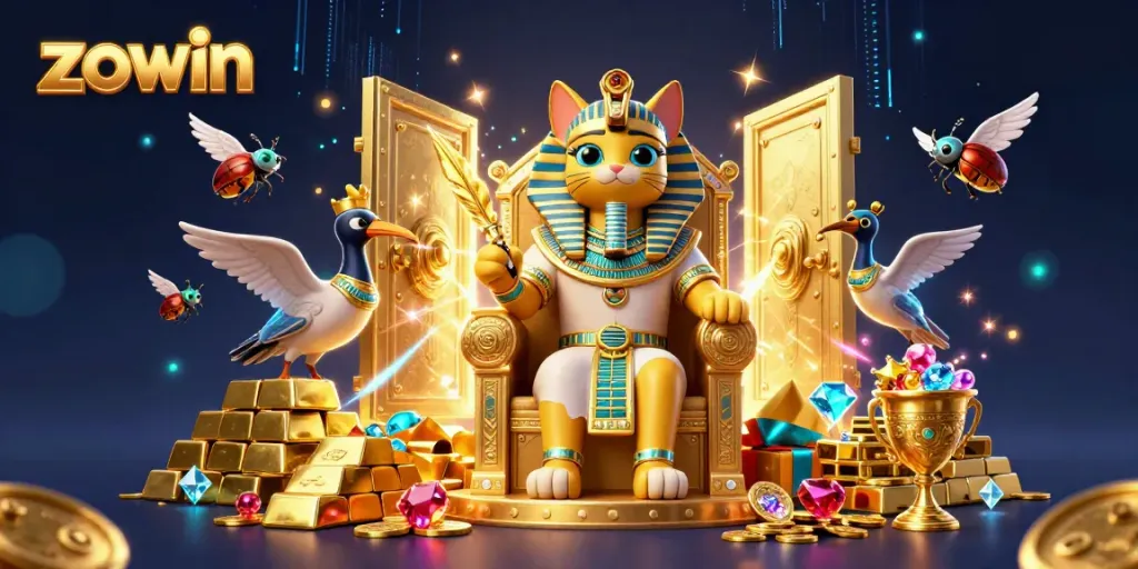 Zowin cat gaming illustration featuring treasure vaults and vibrant energy effects, capturing the thrill of online gambling.