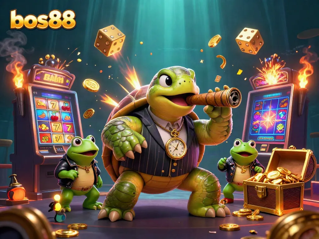 Experience thrilling gameplay at bos88 with the snapping turtle and bullfrog enforcers celebrating a jackpot event amidst casino visuals.