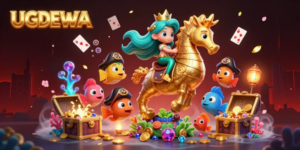 Experience thrilling gameplay with UGDEWA as a mermaid princess takes center stage, surrounded by coins and vibrant characters.