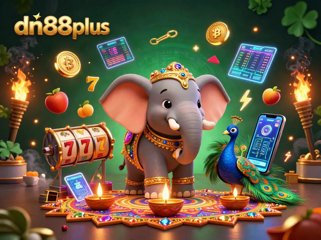 Engage with dn88plus in a vibrant casino scene featuring colorful characters, slot elements, and cryptocurrencies.