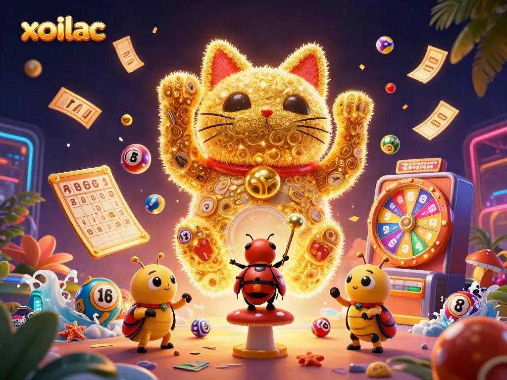 Xoilac captivates with a gold lucky cat surrounded by vibrant casino elements in a dynamic scene.