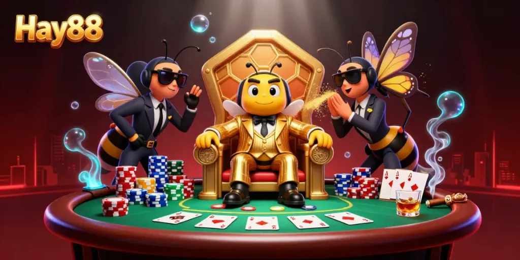 Engage with Hay88's thrilling poker scene featuring a bumblebee mob boss and vibrant game elements.