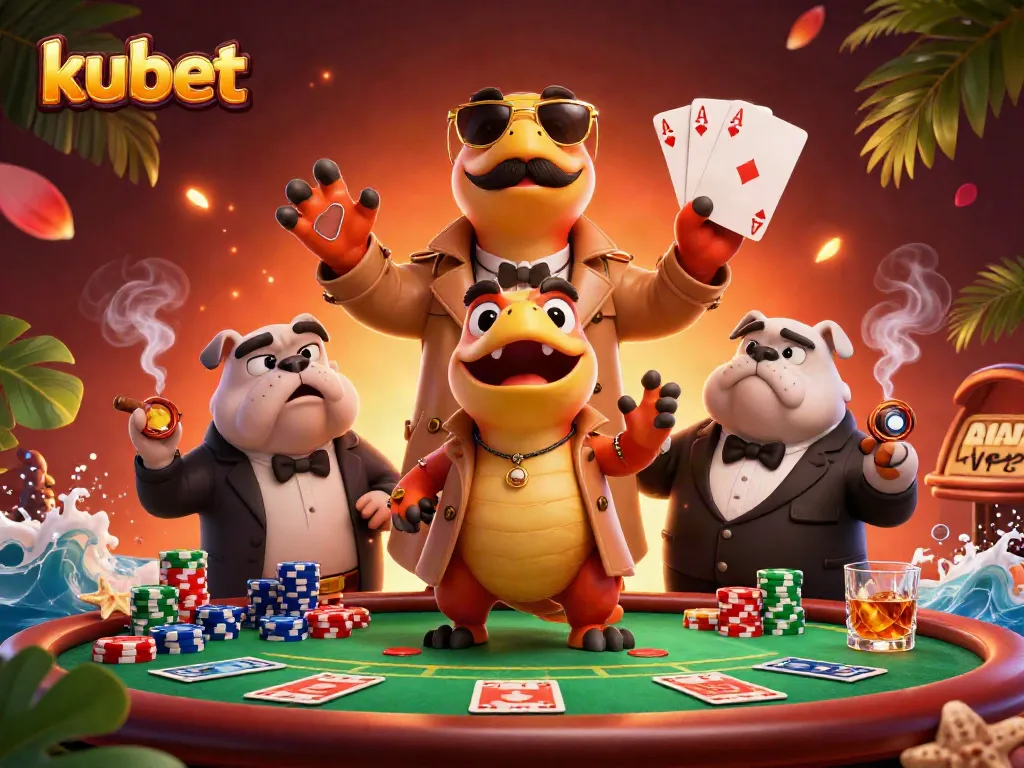 Engage with kubet's thrilling casino experience featuring cartoon raptors and chip stacks.