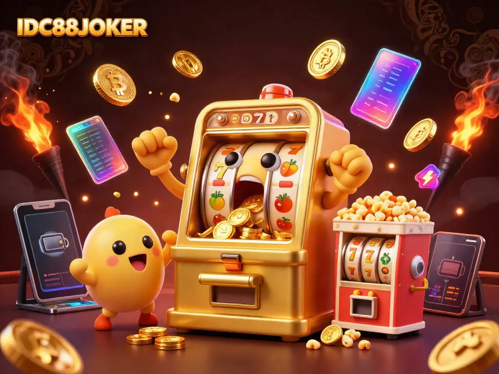 Win big with IDC88JOKER as a golden slot machine hits the jackpot amidst cheers and golden coins.