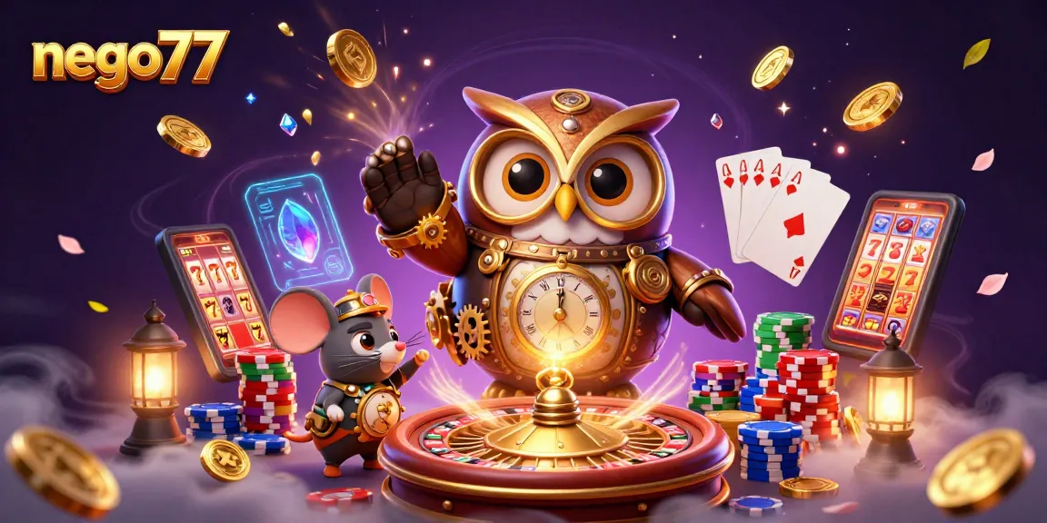 Experience the excitement of nego77 casino with a whimsical 3D steampunk owl and vibrant game elements.
