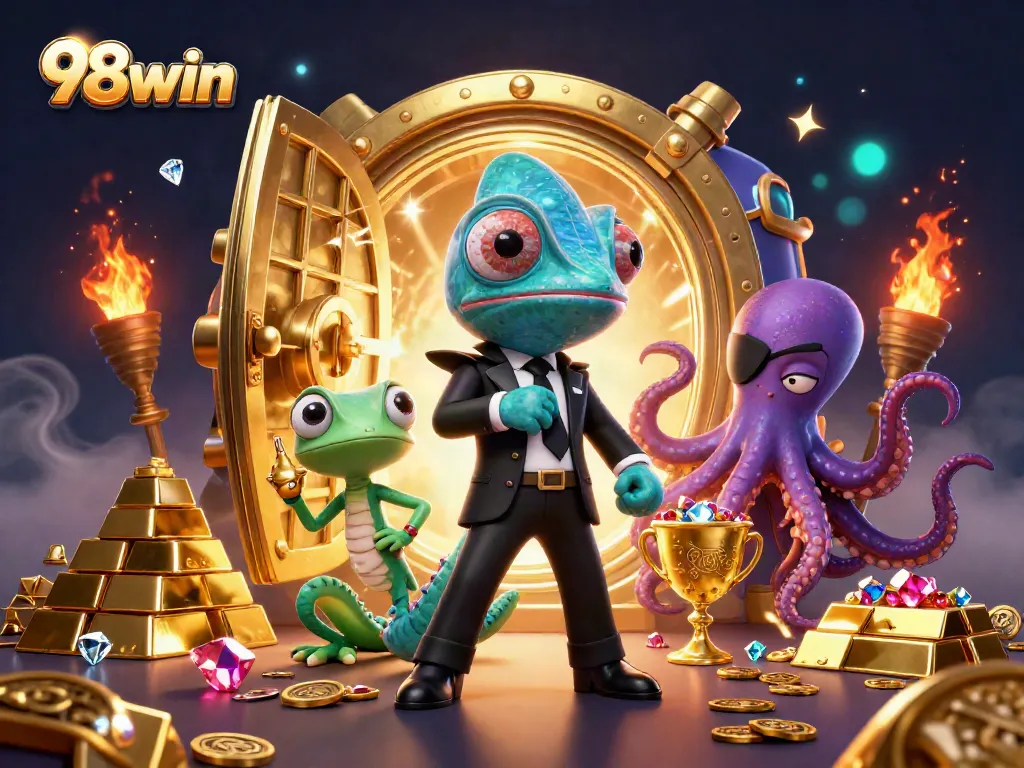 Spin and win at 98win with chameleon agents, treasures, and casino excitement!