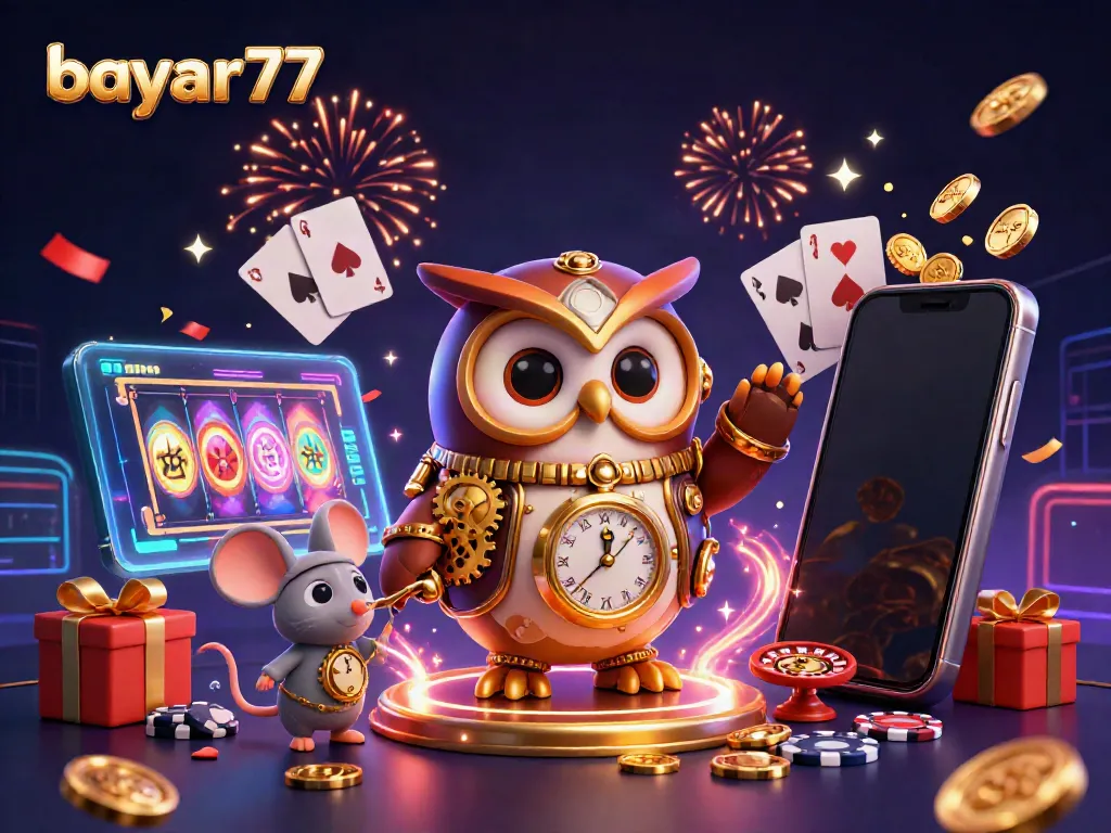 Engage with bayar77's thrilling online gaming experience featuring a time-traveling owl in a vibrant casino environment.