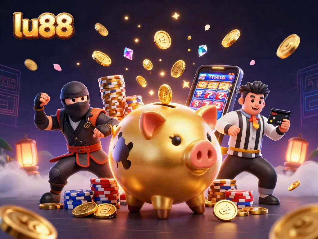Spin to win at lu88 with the golden piggy bank sumo wrestler and vibrant gaming elements.