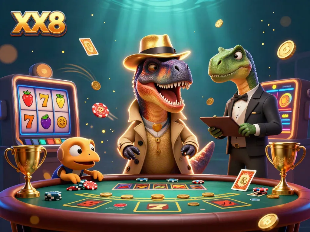 Experience thrilling blackjack action with the XX8 velociraptor card counter and friends at a lively casino table.