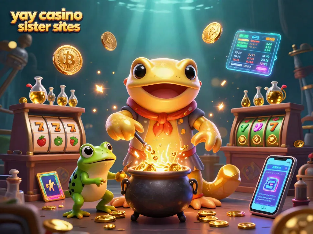 Discover top yay casino sister sites with golden coins and vibrant slot games in this 3D illustration.