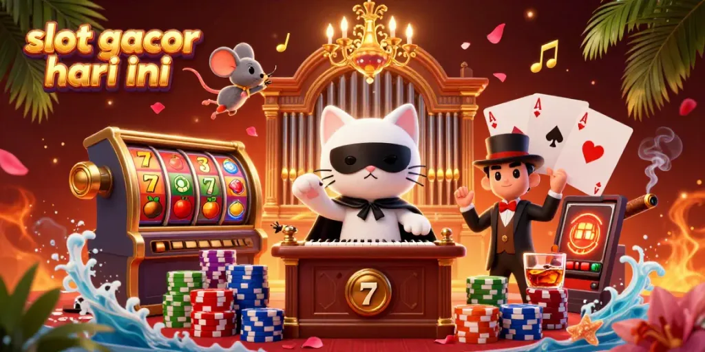 Gambar slot gacor hari ini ini menampilkan kucing putih bergaya phantom dengan organ kasino dan mouse akrobatik, dikelilingi simbol permainan.